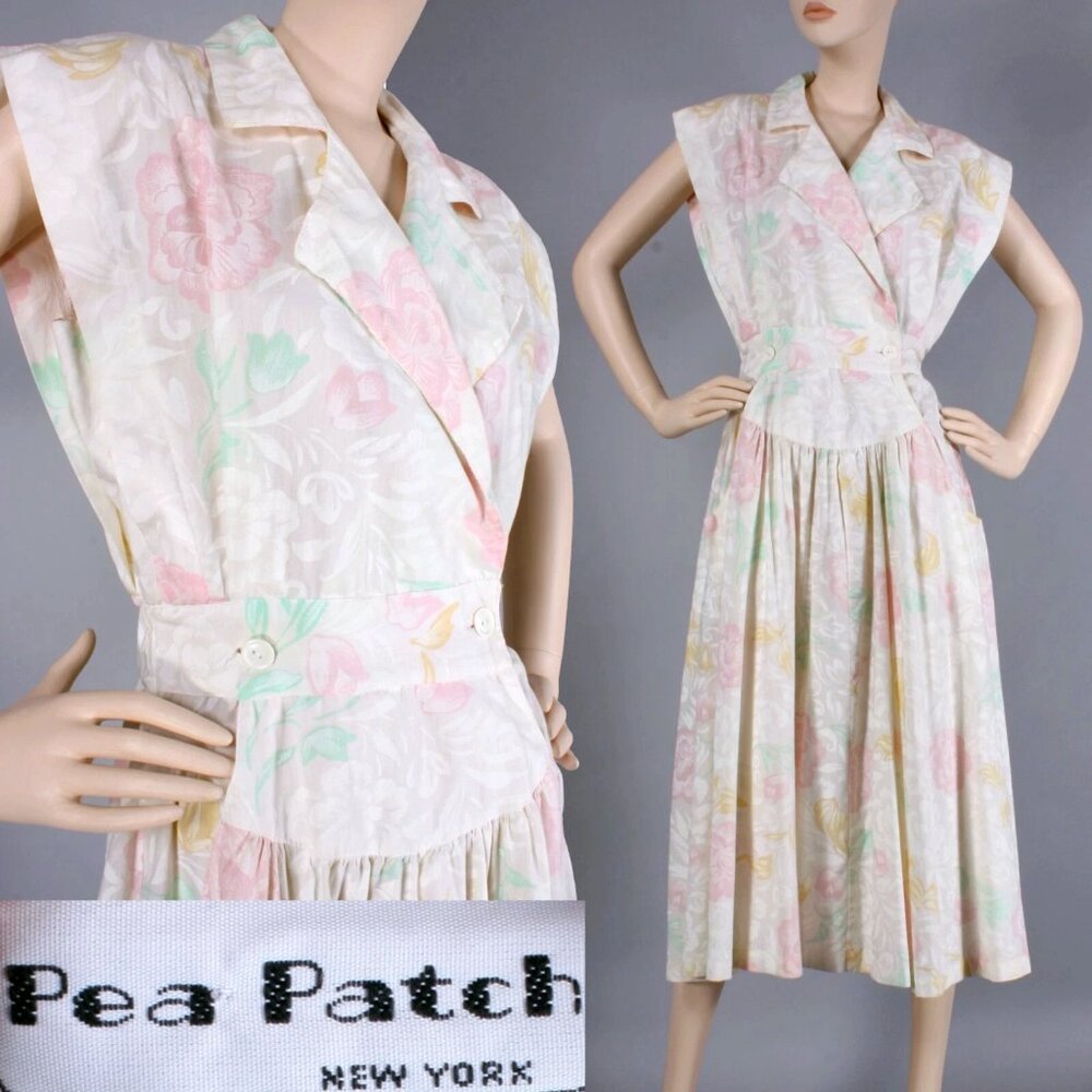 S Vintage 1980s Pea Patch White Pastel Pink Floral Airy Summer Pockets Dress 80s